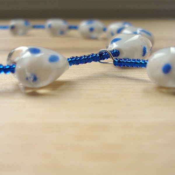 Blue Spotty Lampwork Glass Heart Bead Necklace