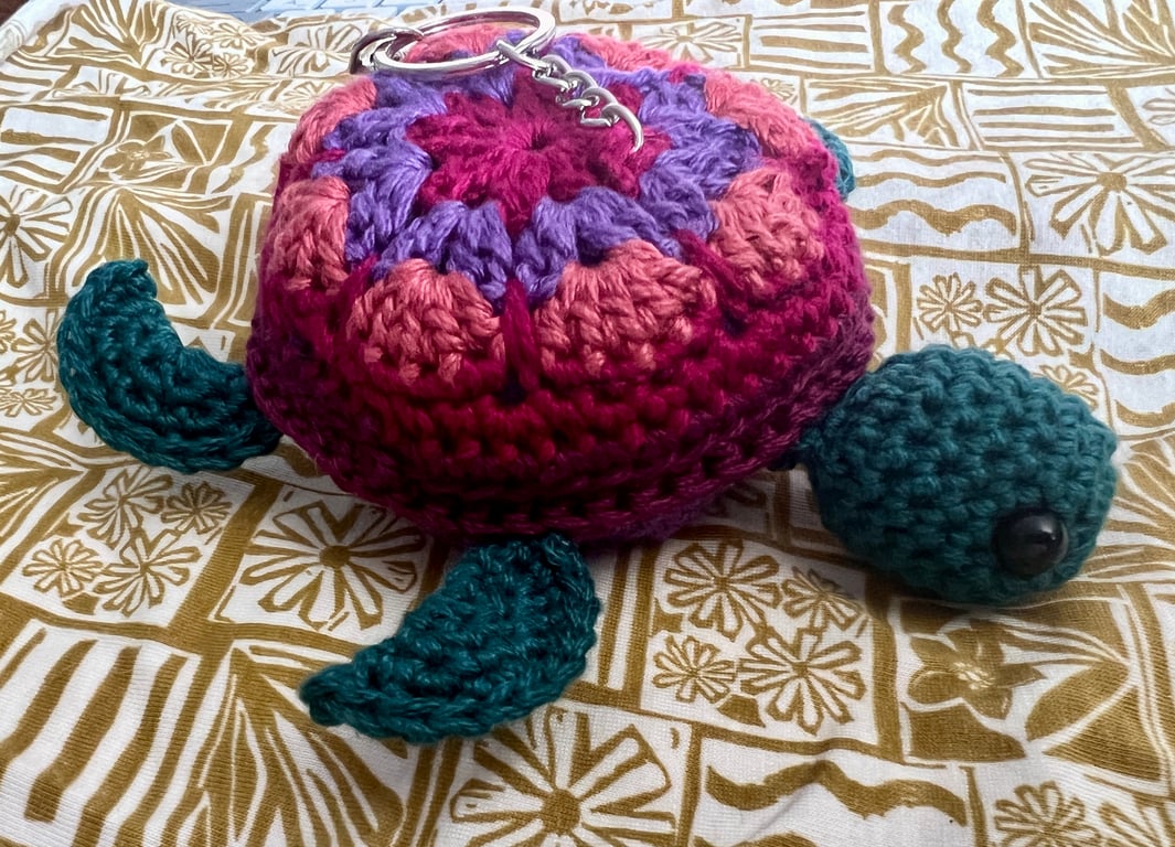 Handmade Turtle Crochet Bag Charm - Magenta, Purple & Teal
