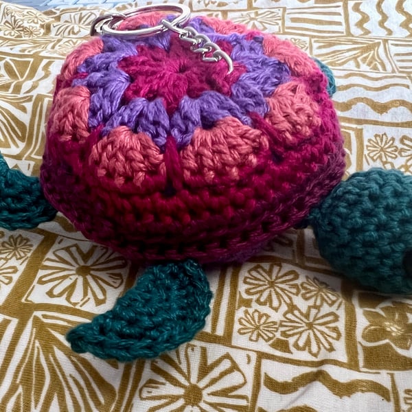 Handmade Turtle Crochet Bag Charm - Magenta, Purple & Teal