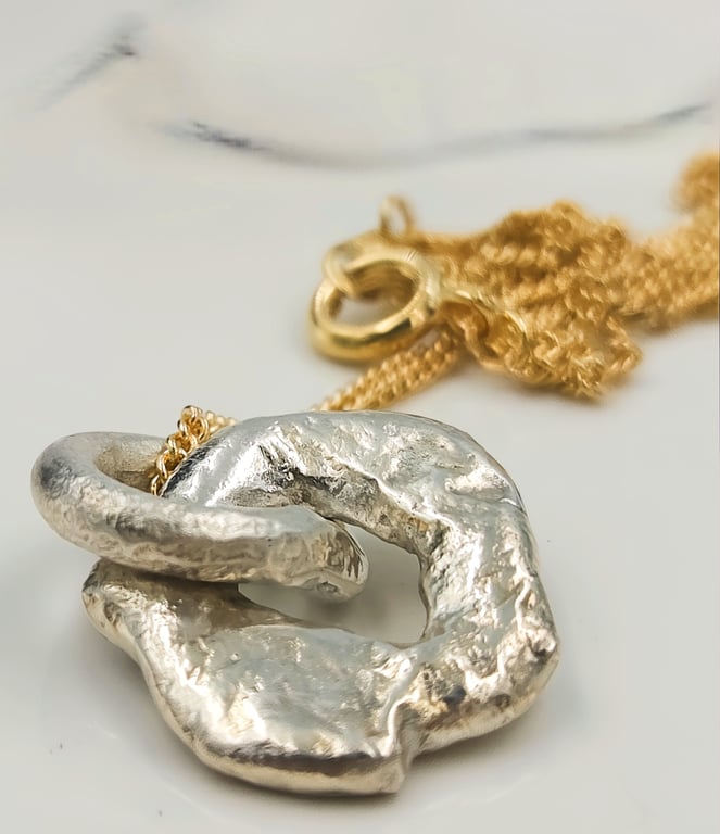 Molten Sterling Silver Pendant Necklace, Gold Plated Chain, Handmade