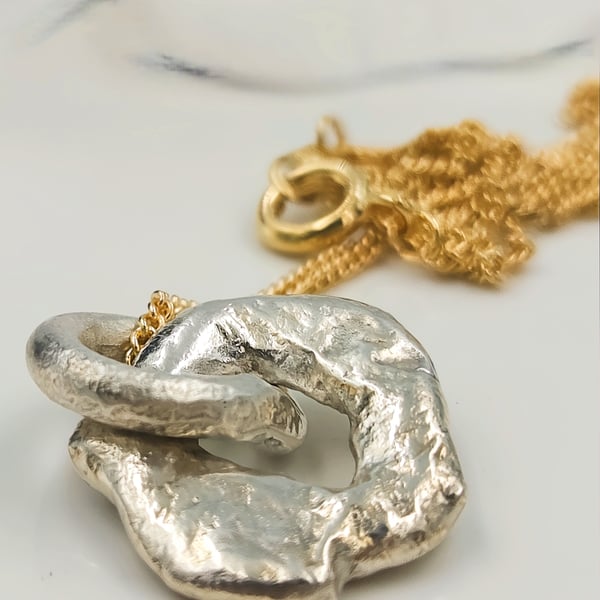 Molten Sterling Silver Pendant Necklace, Gold Plated Chain, Handmade