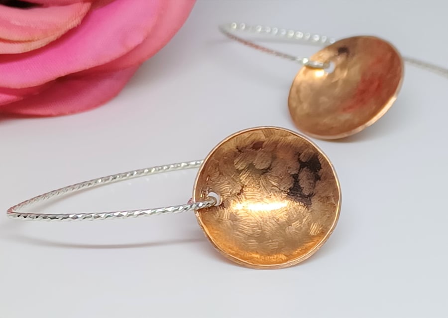 Copper Disc Earrings, Hammered Copper Earrings, Hammered Disc Earrings, Domed Co