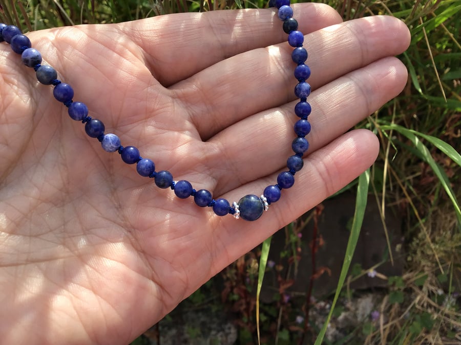 Sodalite and Sterling silver hand knotted dainty necklace