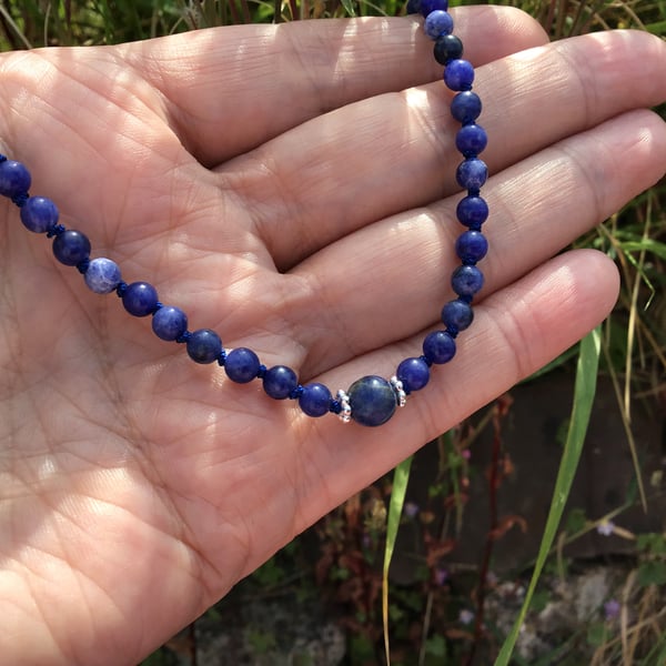 Sodalite and Sterling silver hand knotted dainty necklace