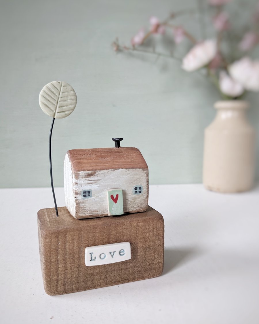 Little Wooden Cottage with Clay Tree 'Love'