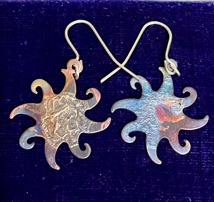 Tarot inspired flame-painted copper fused with silver earrings SUN shaped
