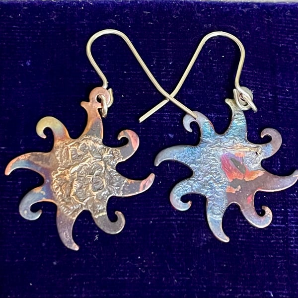 Tarot inspired flame-painted copper fused with silver earrings SUN shaped
