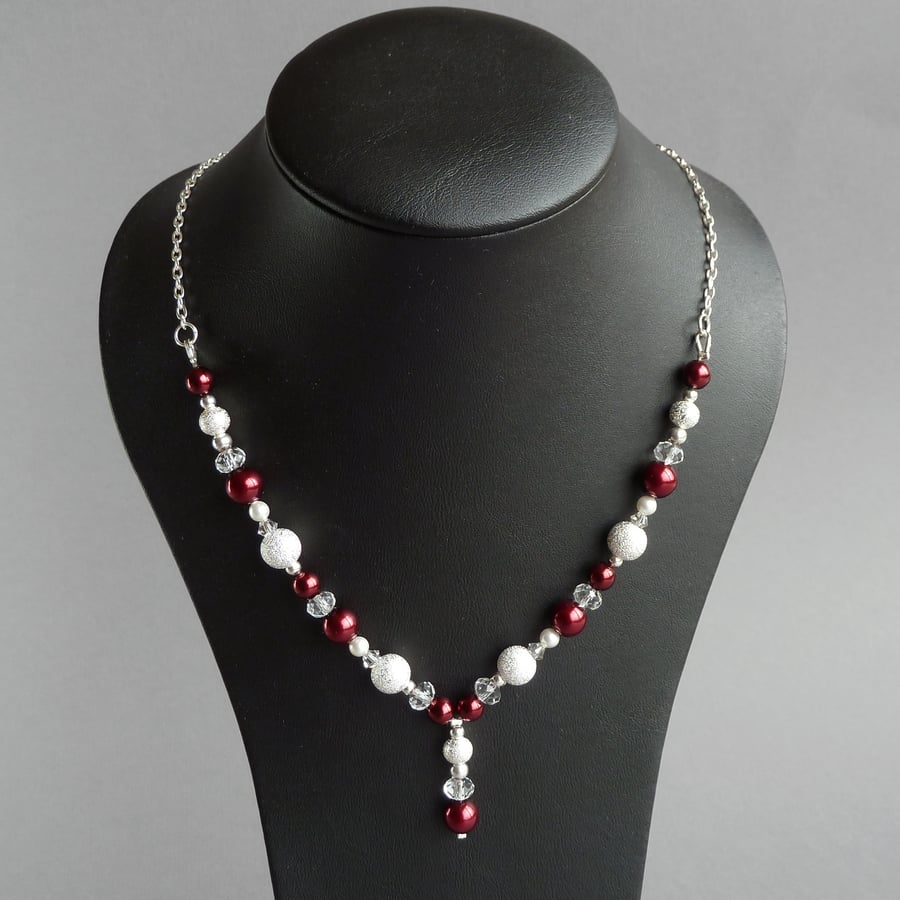 Dark Red Stardust Y Chain - Crimson Pearl and Crystal Drop Necklace - Wedding