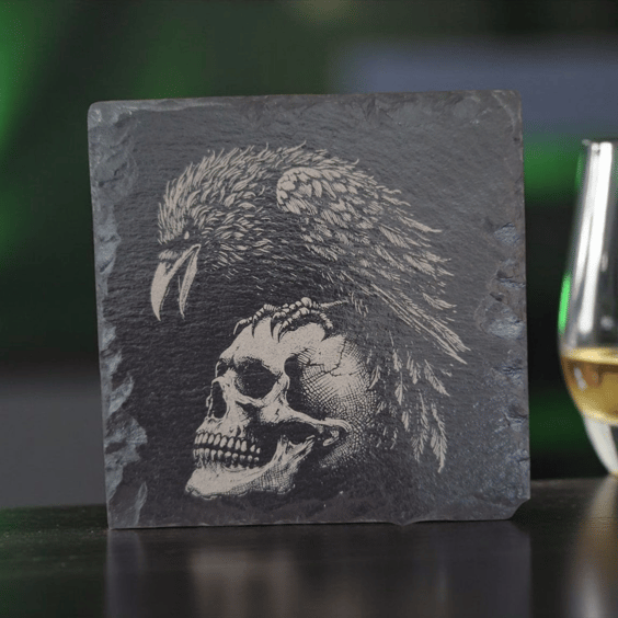 Gothic Skull and Raven Slate Coaster – 10x10cm Dark Gothic Home Décor