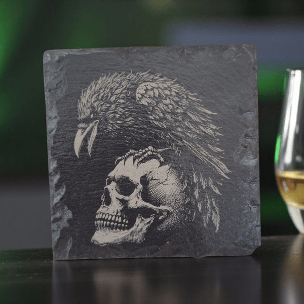 Gothic Skull and Raven Slate Coaster – 10x10cm Dark Gothic Home Décor