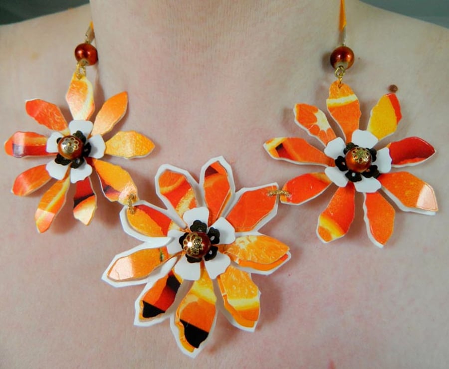 orange& yellow flower necklace upcycled plastic eco jewellery- free Uk shipping