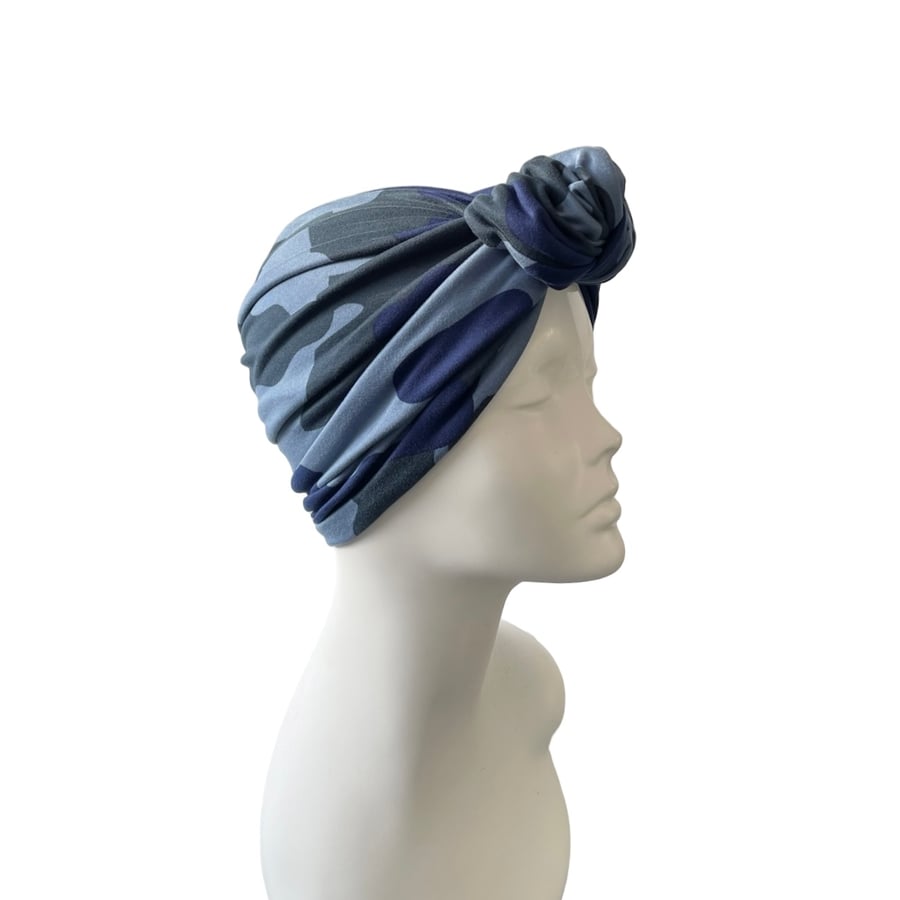 Blue Camouflage Knot Turban Hat for Women, Colourful Ladies Head Scarf