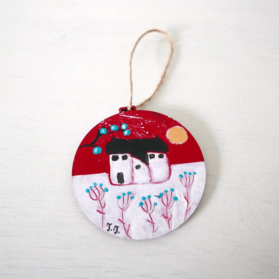 Red Christmas Bauble, Winter Decor, Tree Ornament, Winter Landscape, Handpainted