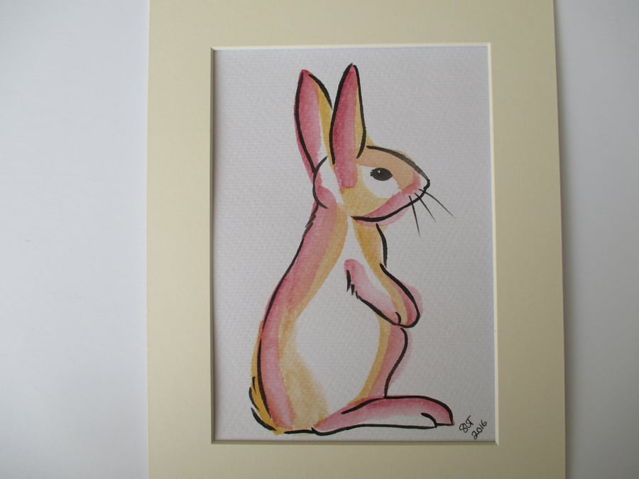 Bunny Rabbit Watercolour Original Painting Line Drawing Art in Mount Wildlife