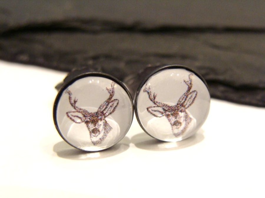 Oxidised Sterling Silver Altered Art Deer Stud Earrings 