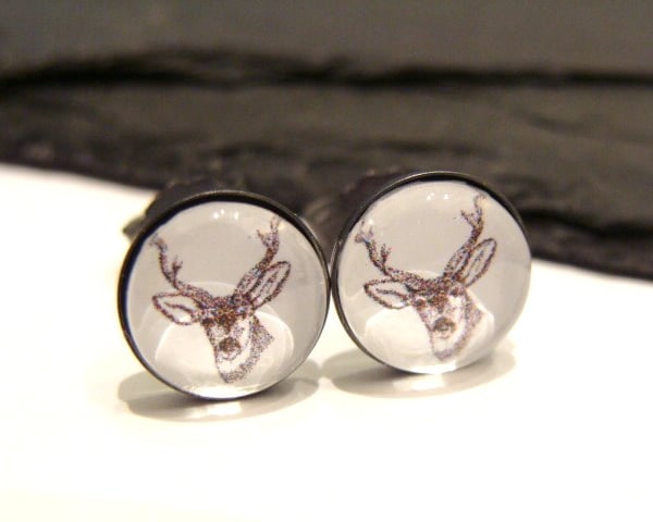 Oxidised Sterling Silver Altered Art Deer Stud Earrings 