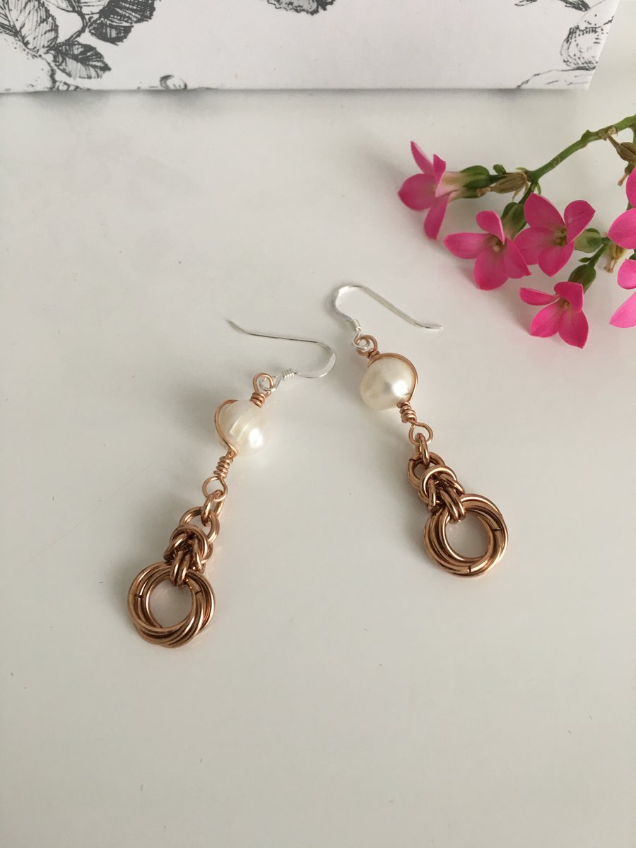 Ivory Pearl Bronze Wire Wrapped Mobius Knot Earrings