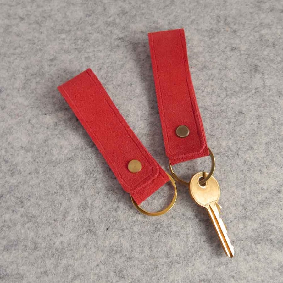 Red Suede Leather Keyring, Key Fob with optional lobster clip 
