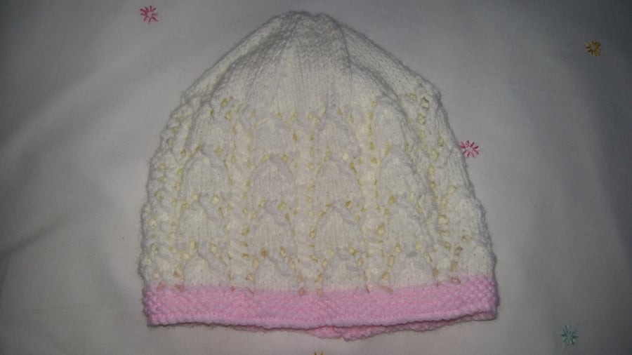 Hand Knitted Cream and Pink Lacy Baby Hat