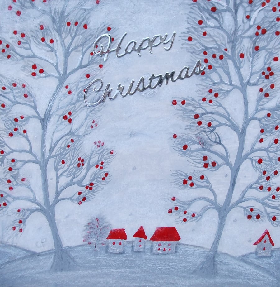 Christmas Card, Blank Happy Christmas Card, Trees Moon Stars Snow Card, Winter