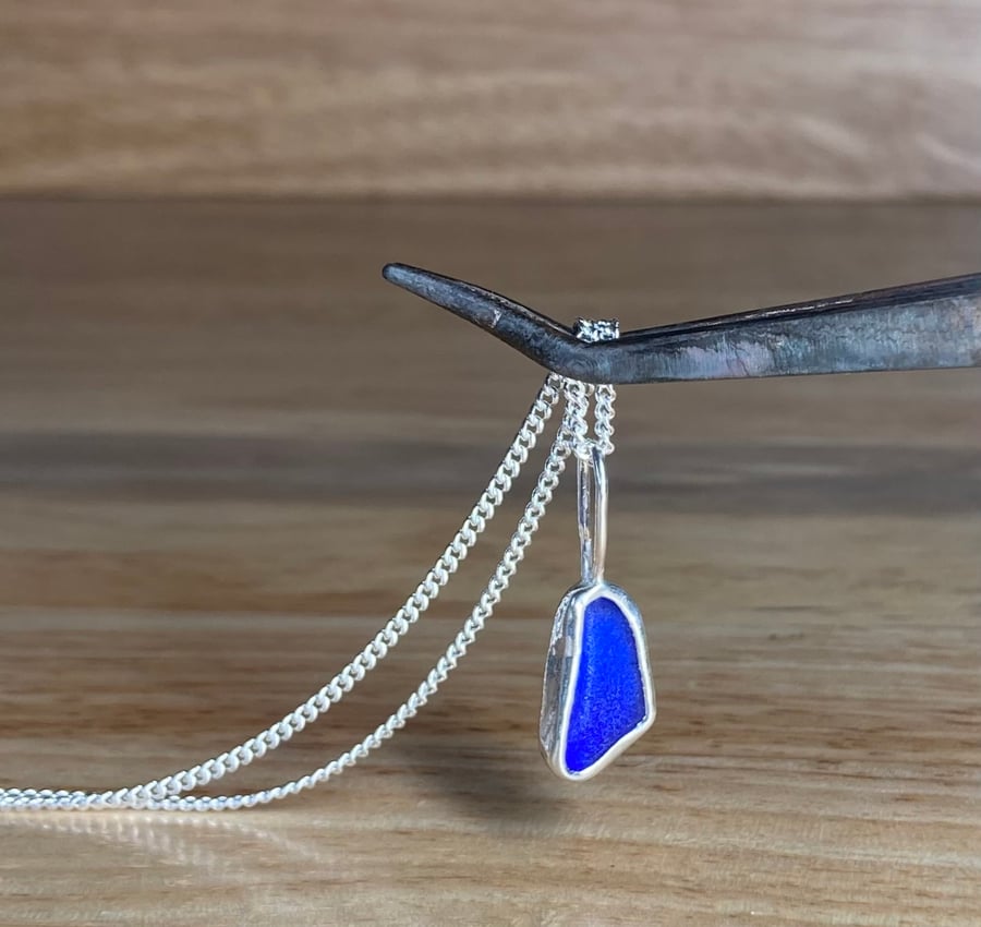 Handmade Fine & Sterling Silver Pendant & Cobalt Blue Welsh Sea Glass & Chain