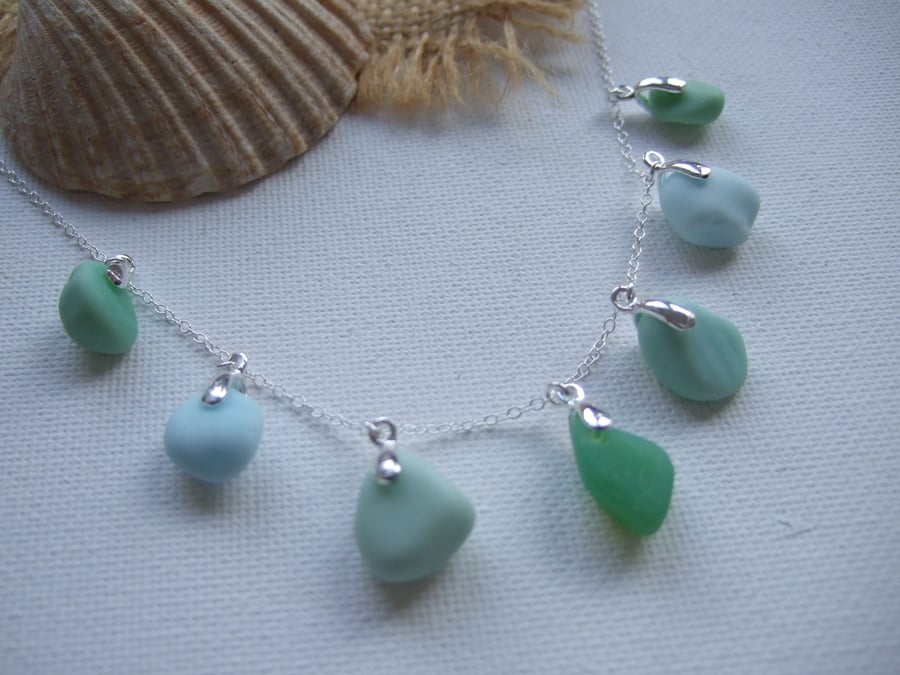 Sea Glass Necklace, Milk Beach Glass Jewellery, Seaham sea glass blue green