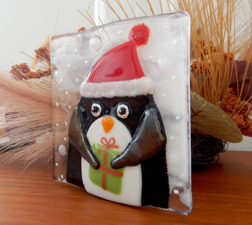Handmade Fused Glass 'Christmas Penguin' T Light Holder