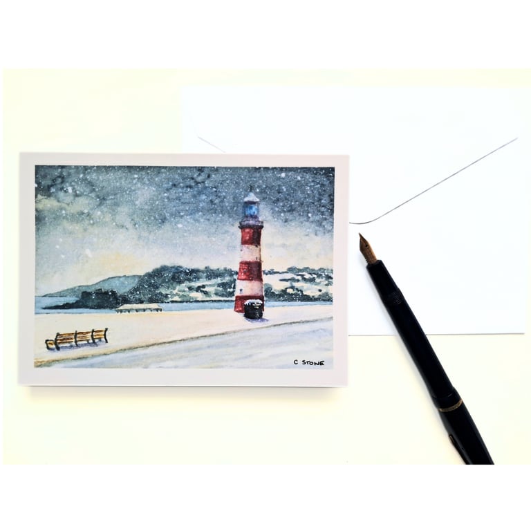 Christmas Card Plymouth Smeaton's Tower Snow Scene From Original Painting A6
