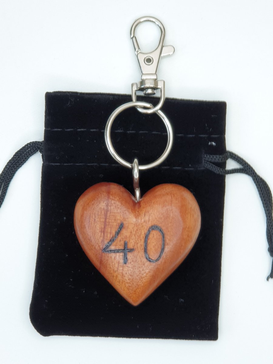 40th birthday gift wooden keyring, pyrography heart keepsake 