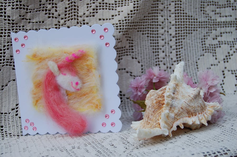 Unicorn card, Birthday card,   Needle felt  unicorn, wool card