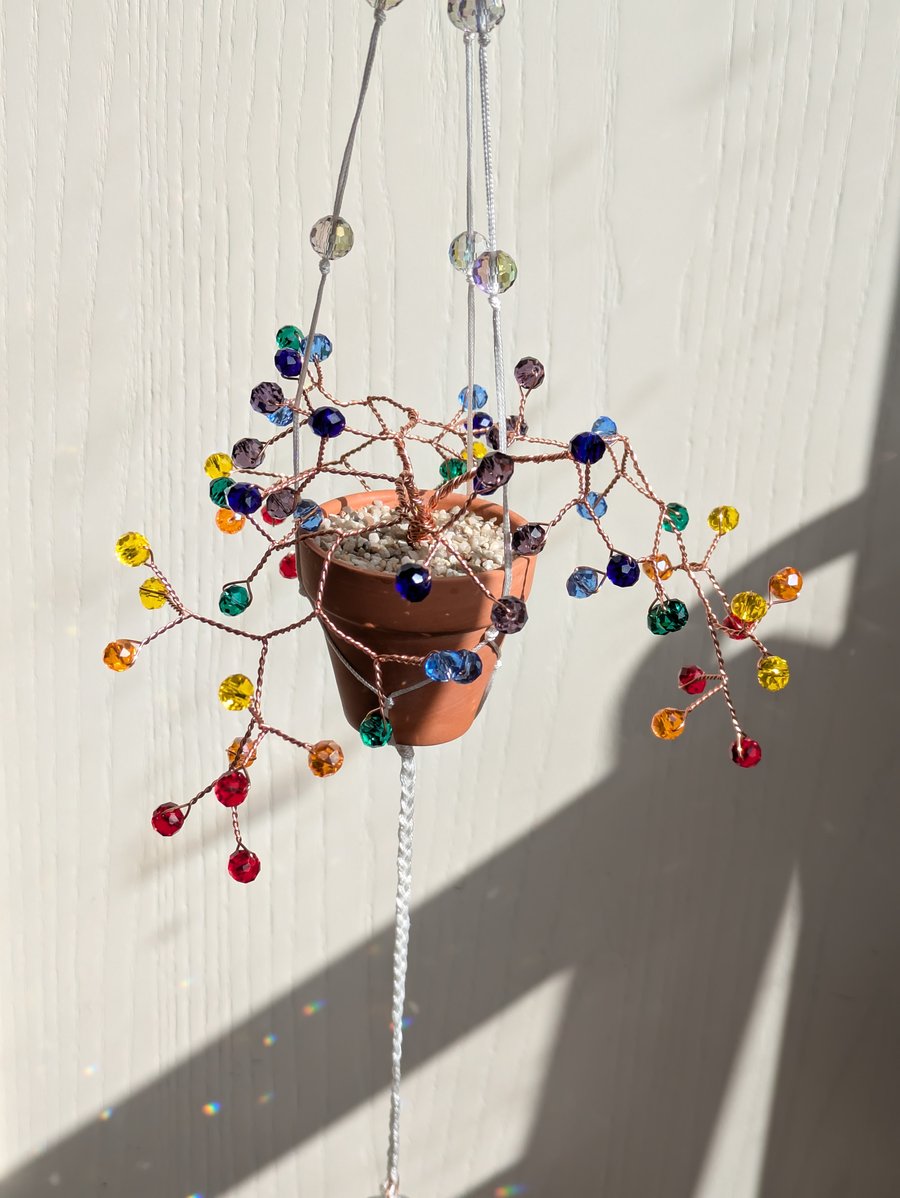 Suncatcher, ("Rainbow"), copper wire and glass beads hanging plant 