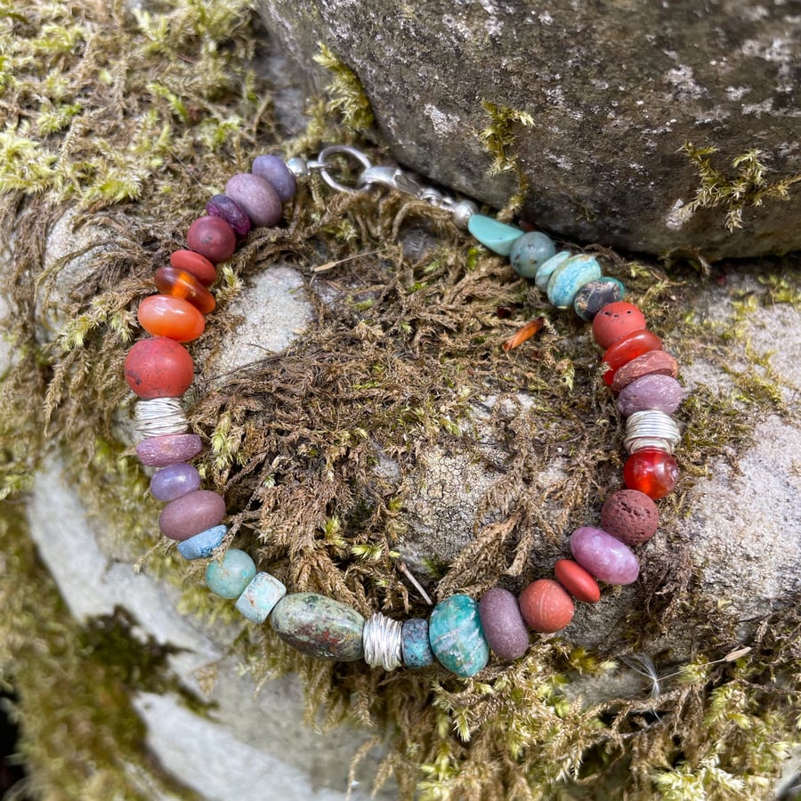 Silver and mixed gemstone bead bracelet