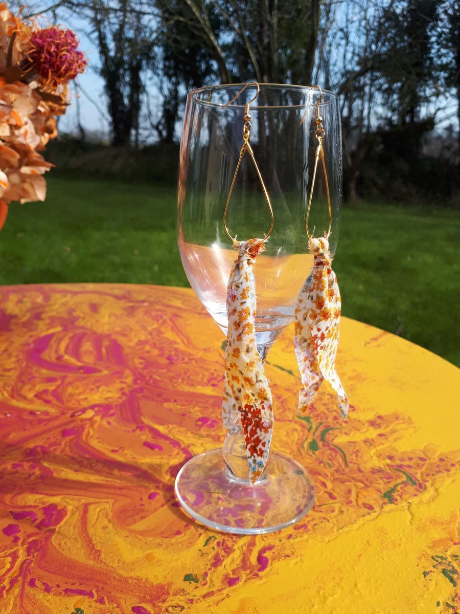 Handmade Teardrop Pretty Flowery Dangle 100% Cotton Fabric Earrings