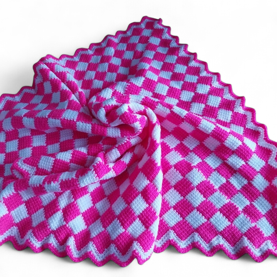 Crochet Baby Blanket, Entrelac Style, White and Hot Pink