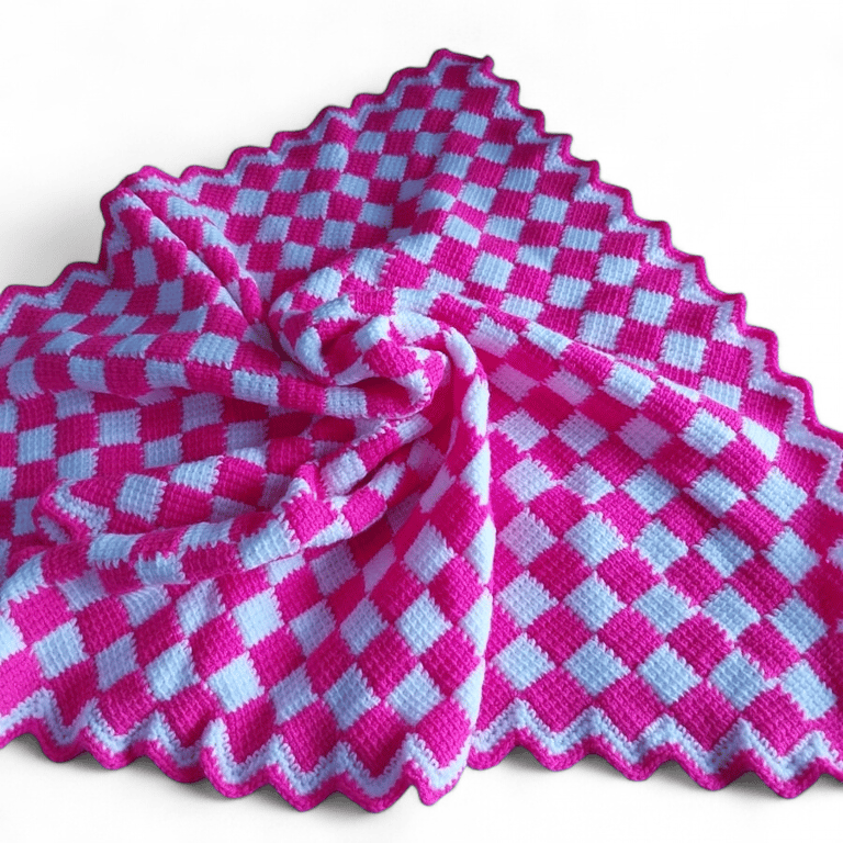 Crochet Baby Blanket, Entrelac Style, White and Hot Pink