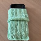 MOBILE PHONE SLEEVE 8x3.5"or 20x9cm HAND KNITTED IN GREEN YARN