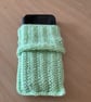 MOBILE PHONE SLEEVE 8x3.5"or 20x9cm HAND KNITTED IN GREEN YARN