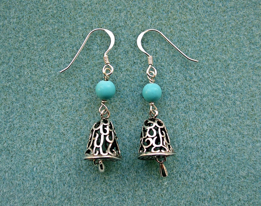 Filigree Silver Bell Earrings with Turquoise Magnesite, Sterling Silver