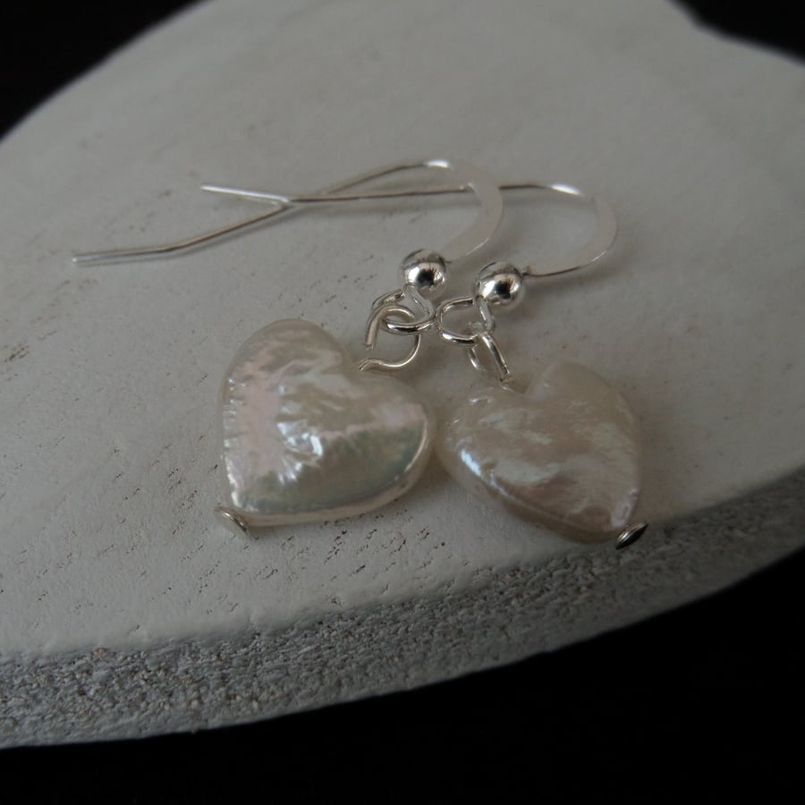 Ivory pearl heart earrings, freshwater pearl earrings