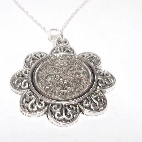 Floral Pendant 1958 Lucky sixpence 66th Birthday plus a Sterling Silver 18in Cha