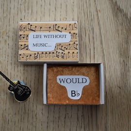 Life Without Music Matchbox Gift with Enamel Guitar Pin 