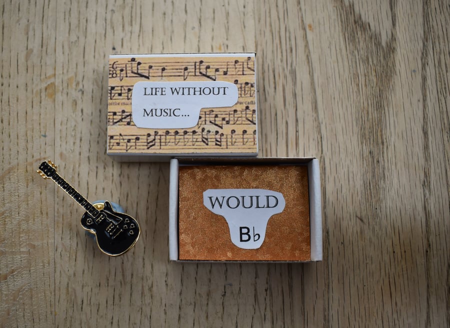 Life Without Music Matchbox Gift with Enamel Guitar Pin 