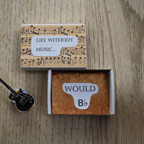 Life Without Music Matchbox Gift with Enamel Guitar Pin 