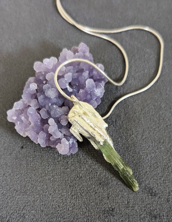 Raw Green Tourmaline Sterling Silver Pendant on a Silver Necklace