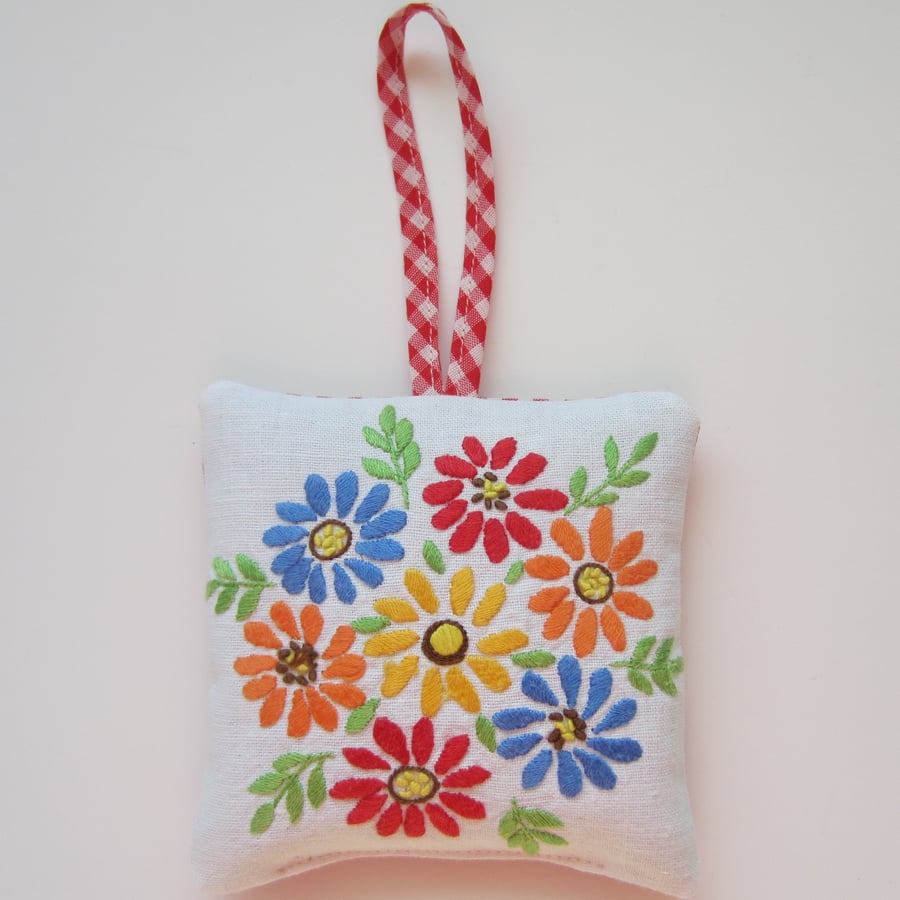 Vintage Embroidered Floral Lavender Bag with Hanging Loop