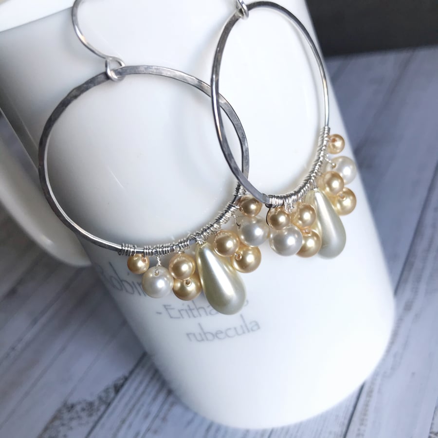 Large sterling silver pearl hoops, Statement earrings
