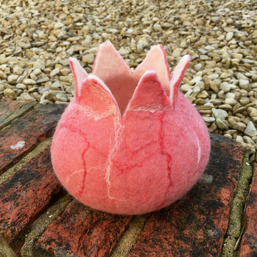 Felted pod in pink with silk fibre embellishment