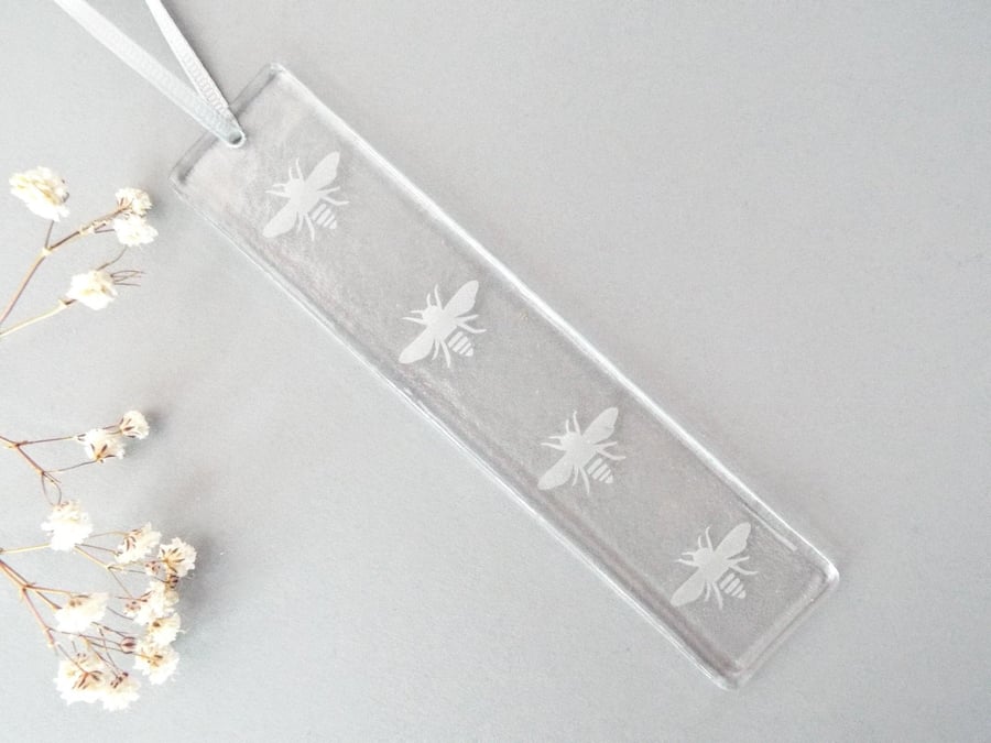 Fused Glass White Bee Hanging, Sandblasted Glass,  Handmade