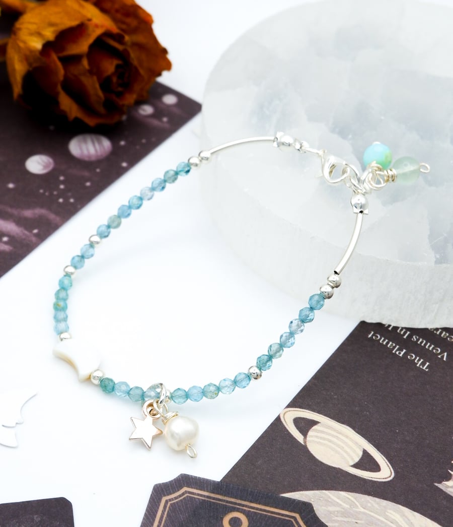 Sky Blue Apatite Gemstone Beaded Bracelet - Celestial Sterling Silver Bracelet
