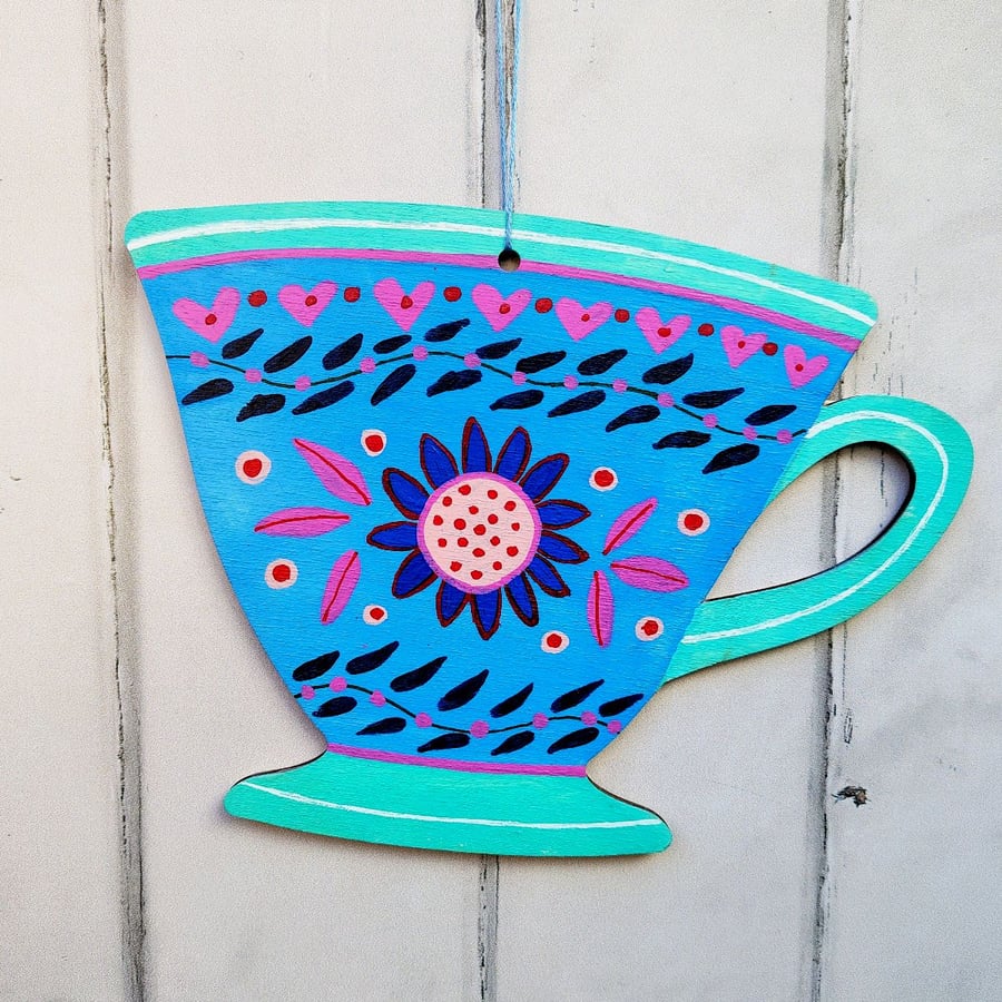 Hand painted wooden hanging cup decoration  hearts flower boho wall art